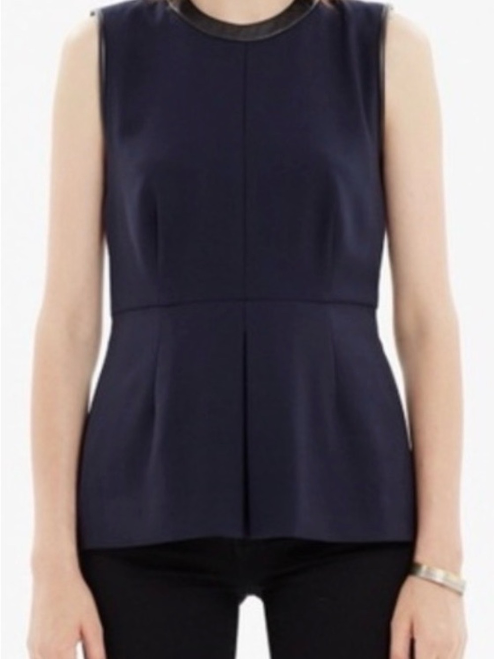 Madewell Navy Blue Sleeveless Peplum Shirt Top Blouse Black Faux Leather Trim 0
